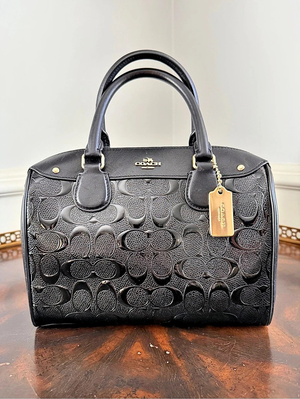Coach Mini Bennett Satchel Black Signature Embossed Patent Leather Gold Hardware